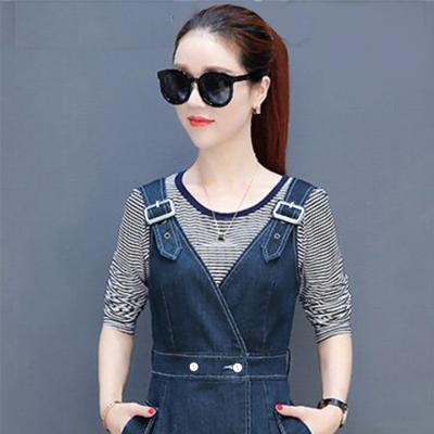 ĐẦM JEAN YẾM CỔ V 2 DÂY CÀI KHOEN PHỐI NÚT TRẰNG - NY803
